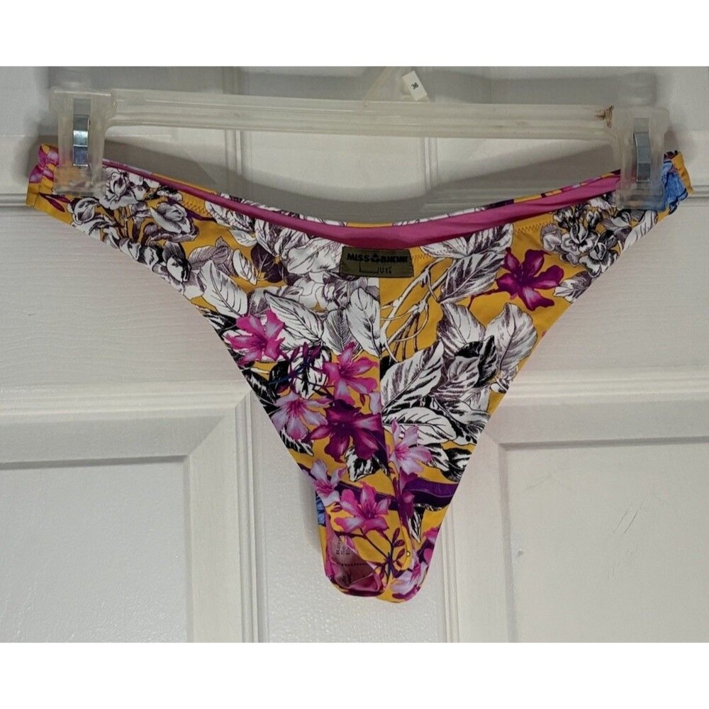 Miss Bikini Luxe Sz 12 Yellow Floral Print Brazilian Bikini Bottom Swimwear New - Picture 2 of 7
